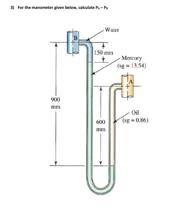 Solved 3) For the manometer given below, calculate PA-PB | Chegg.com