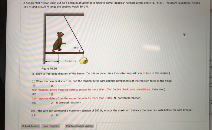 Solved A hungry 900 N bear walks out on a beam in an attempt | Chegg.com