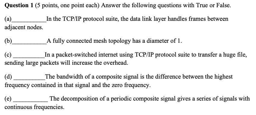 Solved Question 1 (5 points, one point each) Answer the | Chegg.com