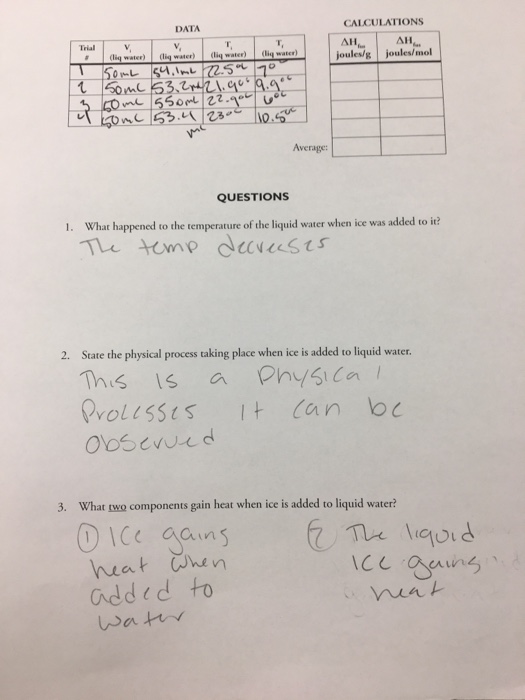 Solved CALCULATIONS DATA Joules Joules mol Average Chegg