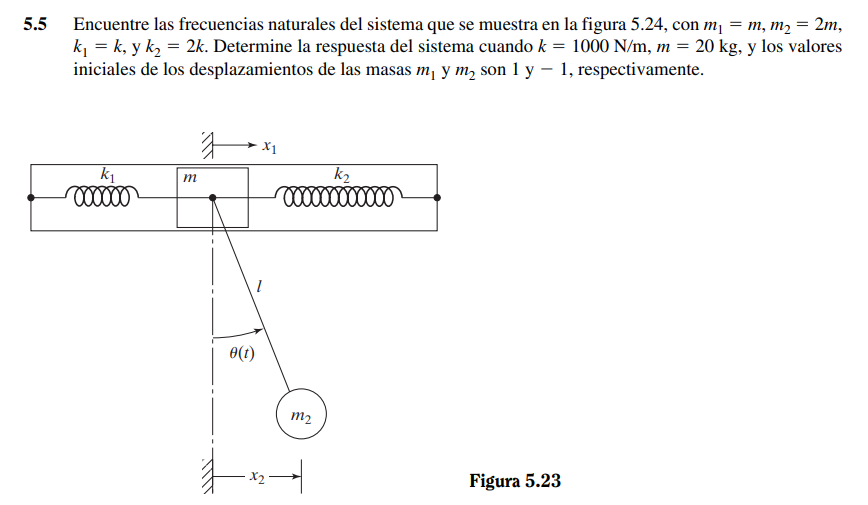 5.5 Encuentre las frecuencias naturales del sistema que se muestra en la figura 5.24, con \( m_{1}=m, m_{2}=2 m \), \( k_{1}=