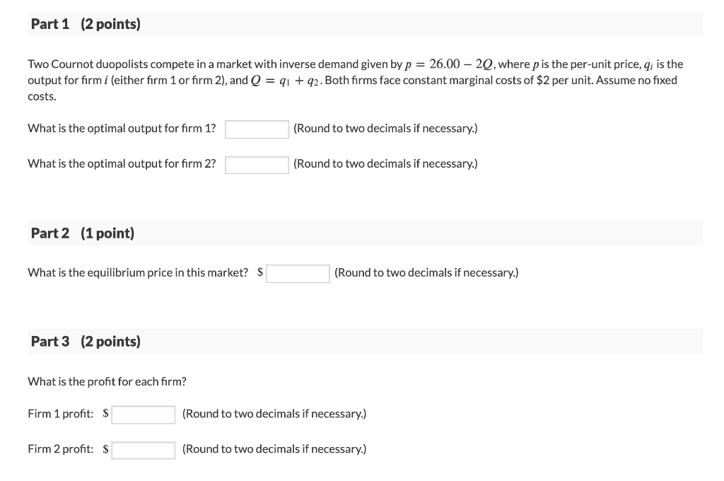 Solved Part 1 (2 Points) Two Cournot Duopolists Compete In A | Chegg.com