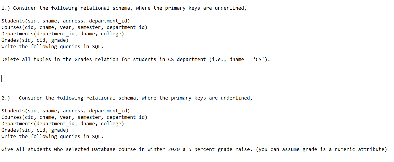 Solved 1.) Consider the following relational schema, where | Chegg.com