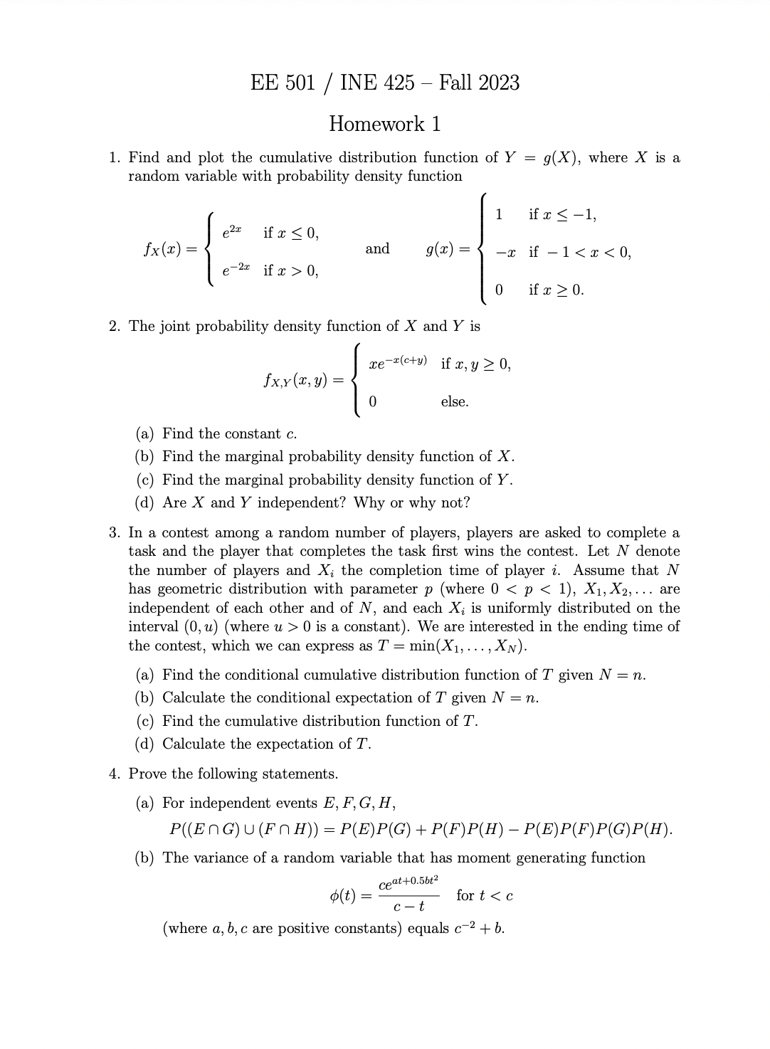 Solved EE 501 / ﻿INE 425 - ﻿Fall 2023Homework 1Find and plot | Chegg.com