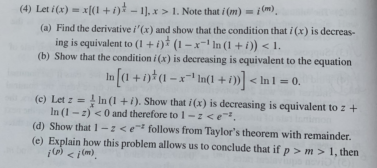 Solved (4) Let i(x)=x[(1+i)x1−1],x>1. Note that i(m)=i(m). | Chegg.com