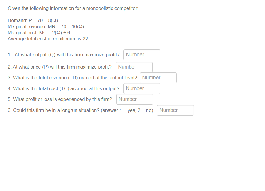 Solved Given the following information for a monopolistic | Chegg.com
