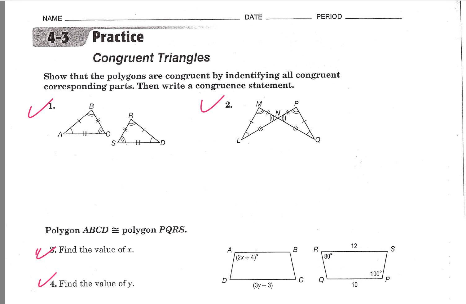 4 3 Study Guide And Intervention Congruent Triangles Answers Study Poster