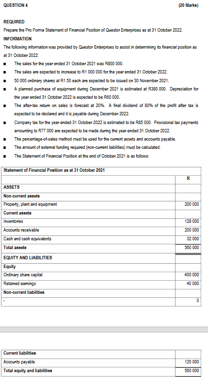 Solved QUESTION 4 (20 Marks) REQUIRED Prepare the Pro Forma | Chegg.com