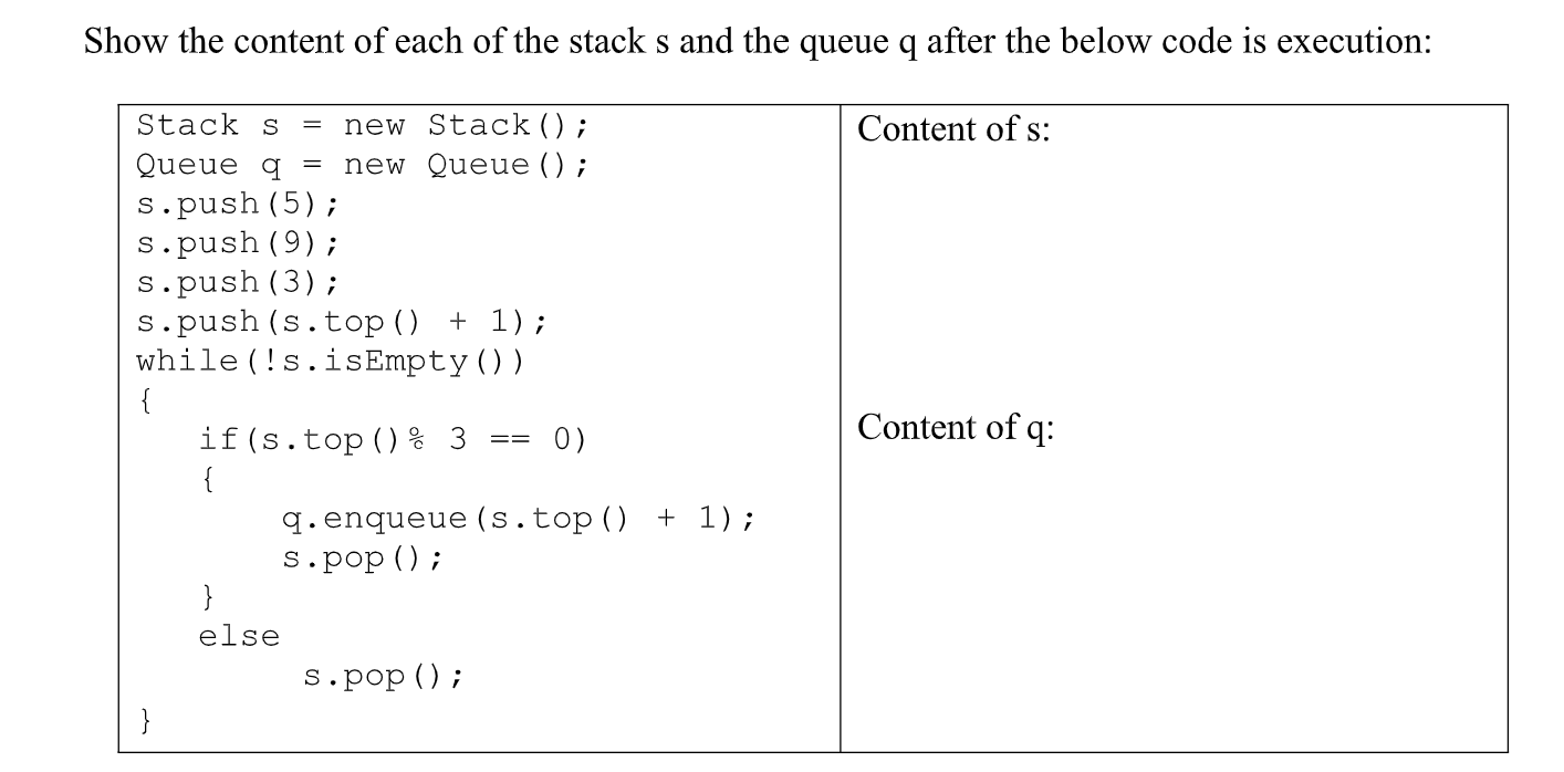 Solved Show the content of each of the stack s and the queue | Chegg.com