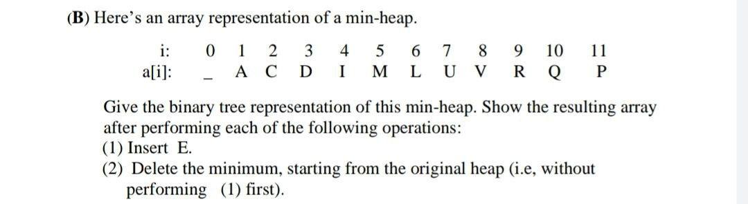 Solved (B) Here's an array representation of a min-heap. i: | Chegg.com