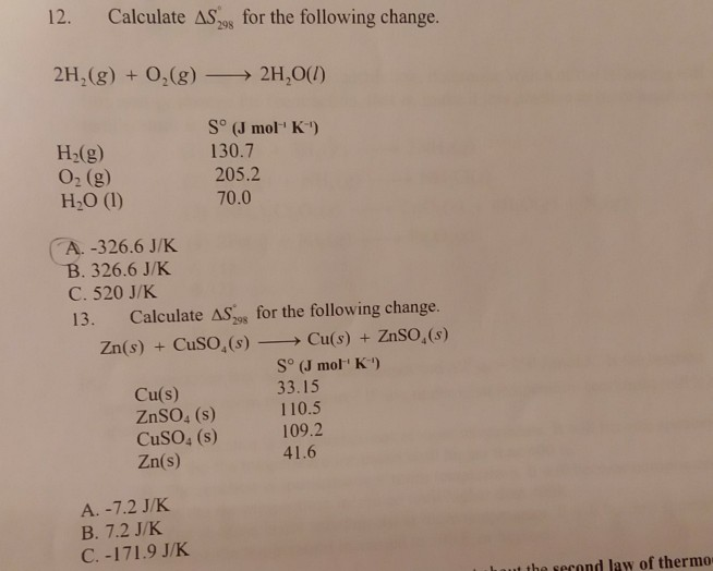 Solved Calculate As 198 For The Following Change 12 2h Chegg Com