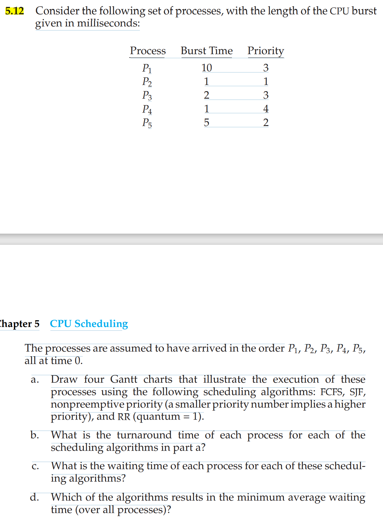 Solved 5.12 Consider the following set of processes, with | Chegg.com