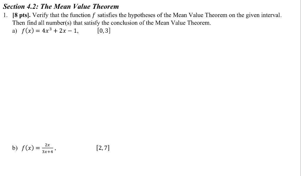 Solved Section 4.2: The Mean Value Theorem 1. [8 pts). | Chegg.com