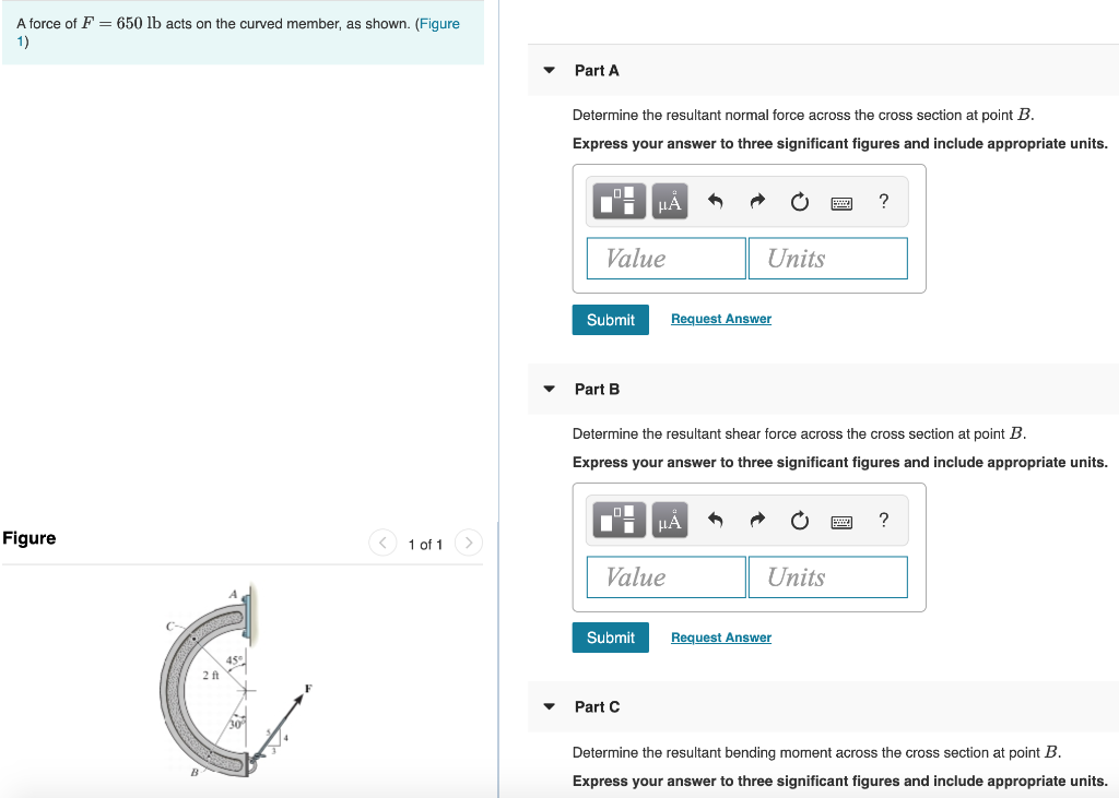 Solved A force of F = 650 lb acts on the curved member, as | Chegg.com