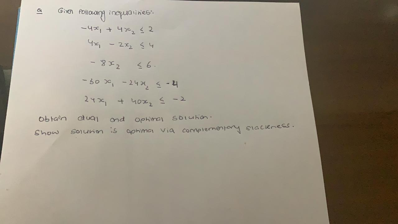 10 Giver following inquainee -40, +409 22 2x? 5 4 - 8x2 -3000 - 240 s-2 2400 + 40x < -2 obtain dual and Solution is Optimal s