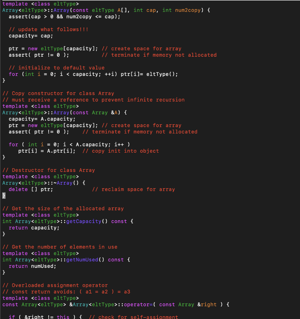Supplied: Array template class: Array.h Initial | Chegg.com