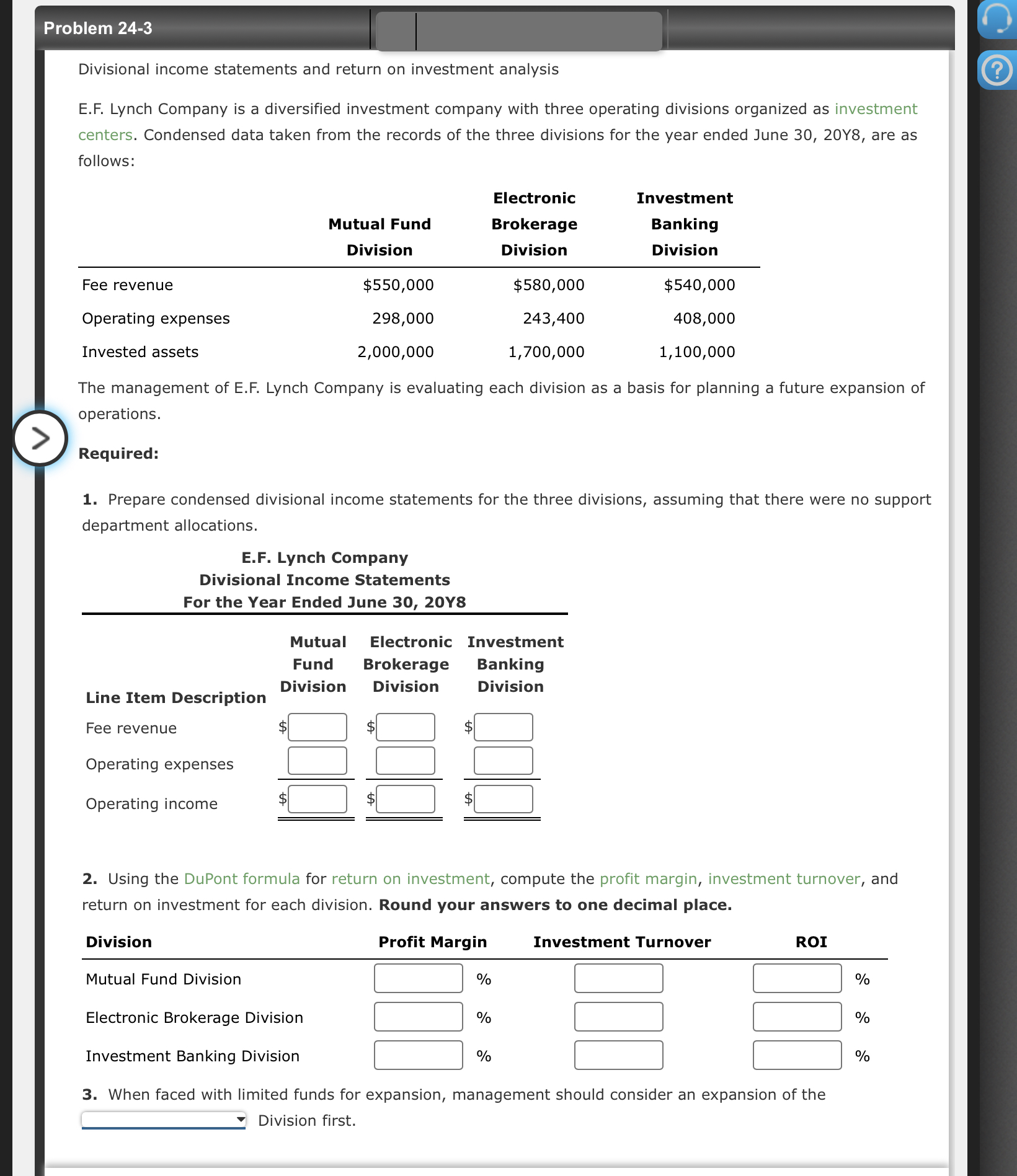 Solved Divisional income statements and return on investment | Chegg.com