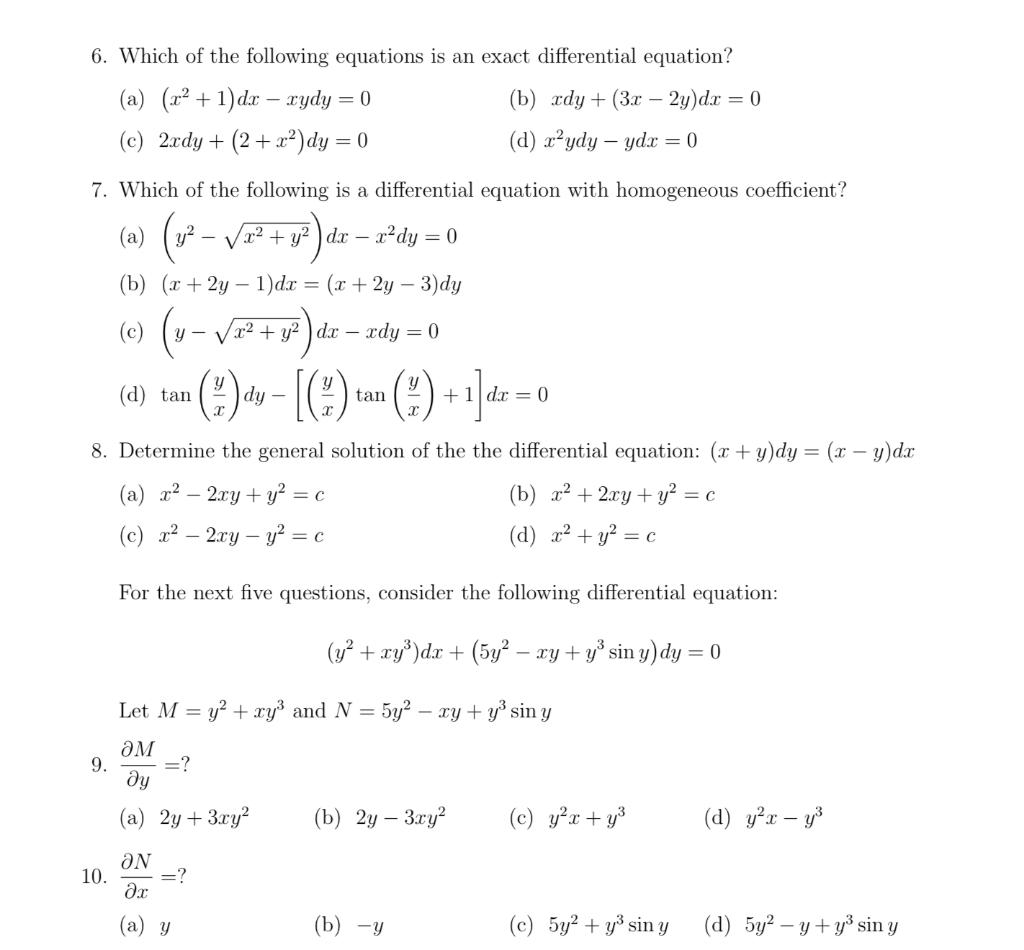 Solved 6. Which of the following equations is an exact | Chegg.com