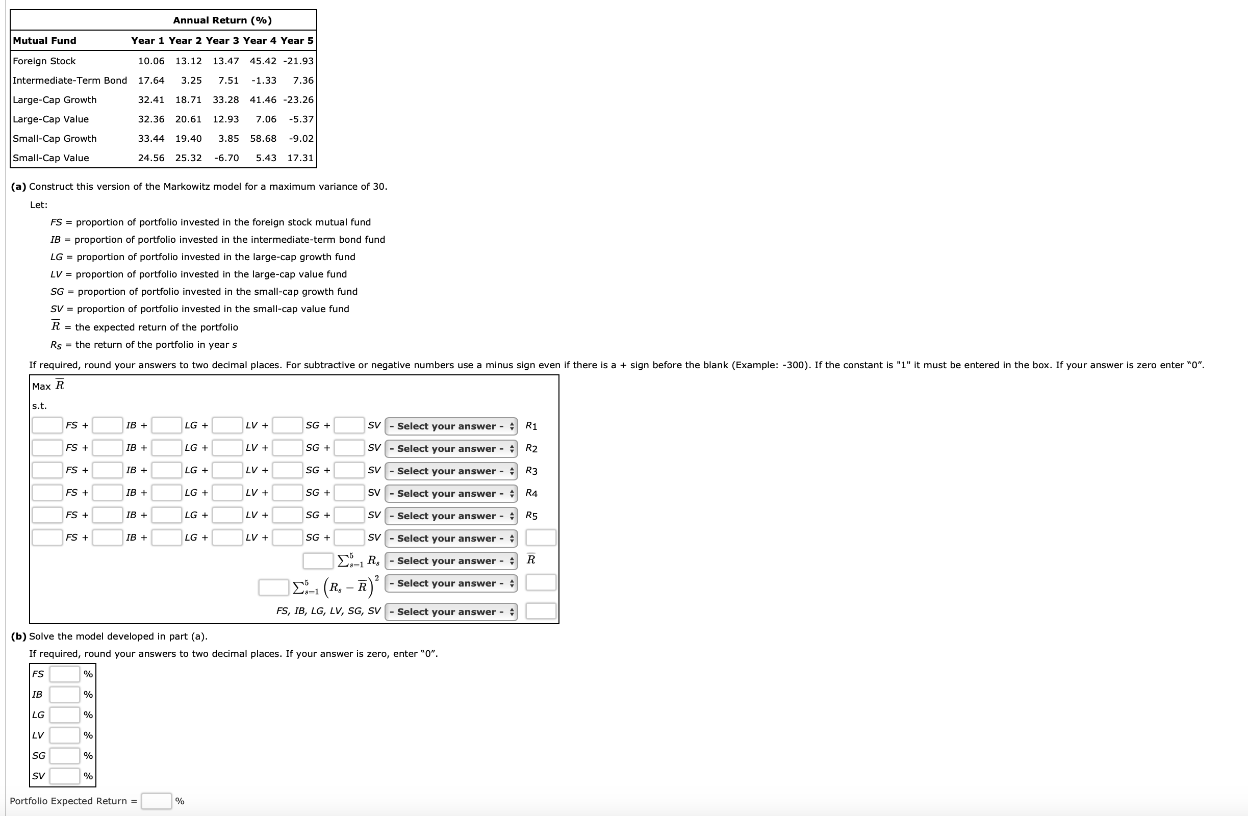 Solved (a) Construct this version of the Markowitz model for | Chegg.com