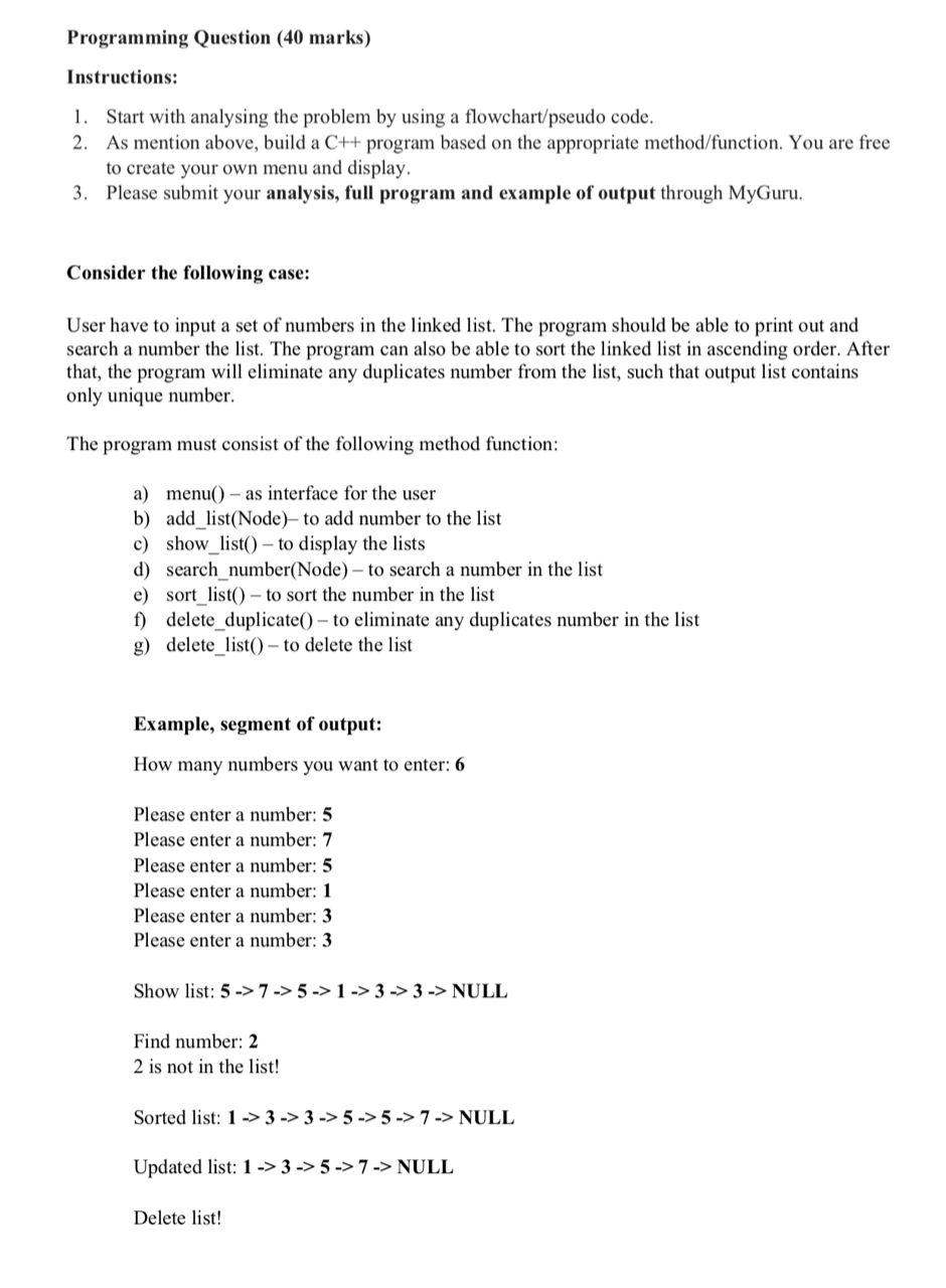 Solved Programming Question (40 marks) Instructions: 1. | Chegg.com