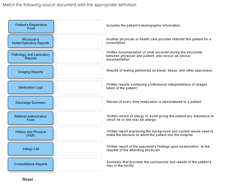 Match the following source document with the appropriate definition. Patients Registration Form Includes the patients demog