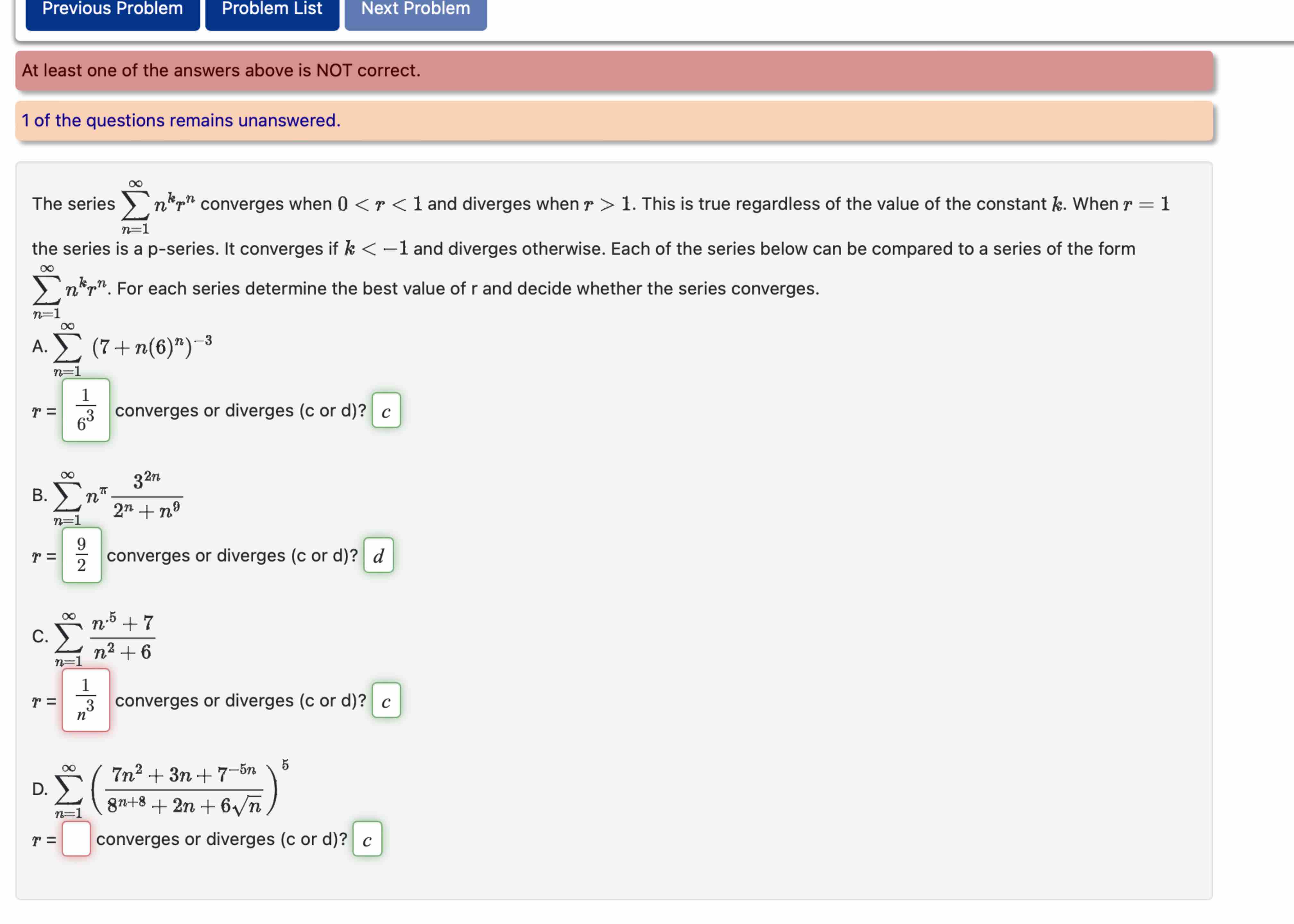 The series ∑n=1∞nkrn converges when | Chegg.com