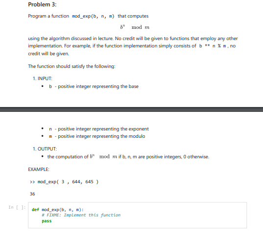 Solved Program a function mod_exp (b,n,m) that computes | Chegg.com