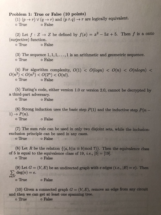 Solved Problem 1: True or False (10 points) (1) (p-r) V (qr) | Chegg.com