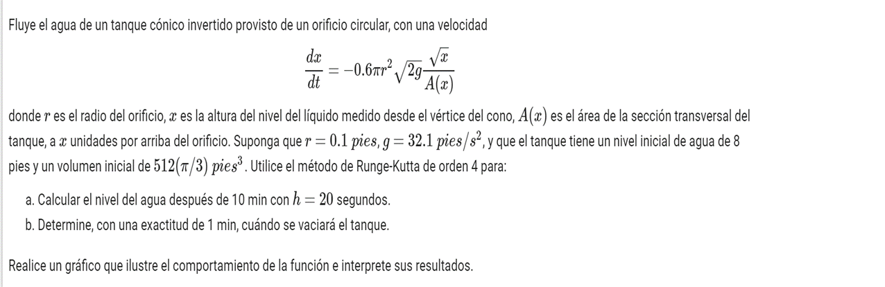 Fluye el agua de un tanque cónico invertido provisto de un orificio circular, con una velocidad \[ \frac{d x}{d t}=-0.6 \pi r