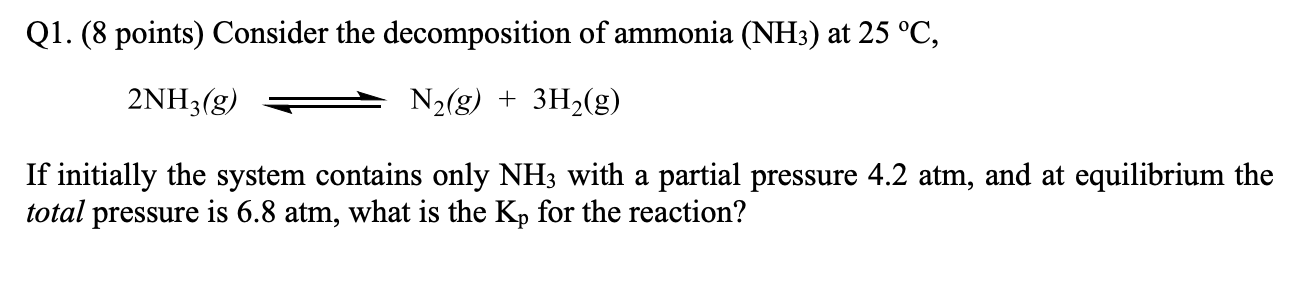 Solved Q1. (8 points) Consider the decomposition of ammonia | Chegg.com
