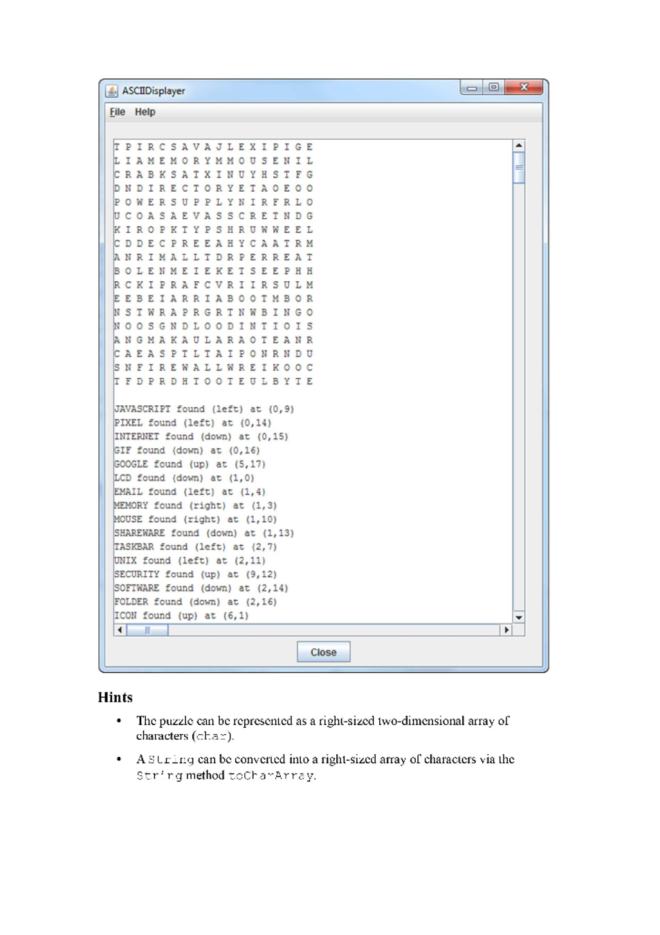 DO ASCIIDisplayer File Help TPIRCSAVAJLEXIPIGE LIAMEMORYMMOUSENIL CRABKSATXINUYHSTEG DNDIRECTORY ETA OE OO POWER SUPPLYNIRERL