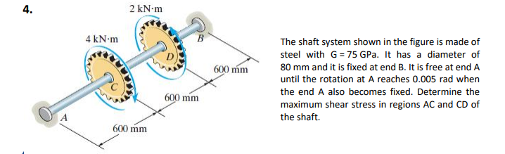 Solved 4. 2 kN.m 4 kNm B 600 mm The shaft system shown in | Chegg.com