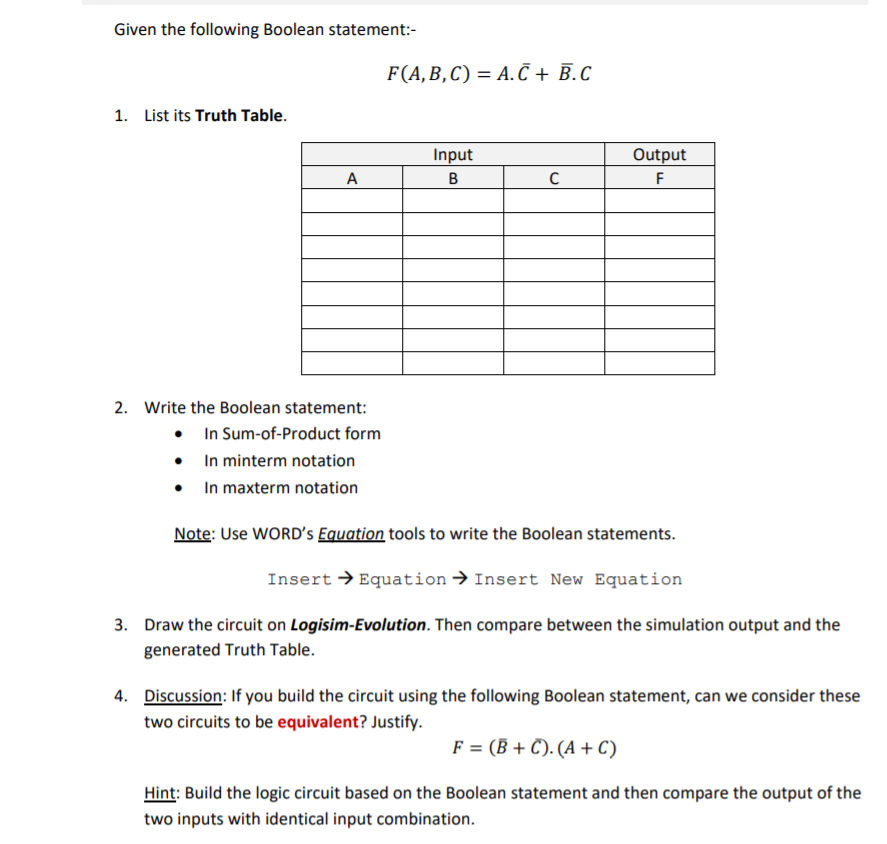 Solved Given The Following Boolean Statement:- F(A,B,C) = | Chegg.com