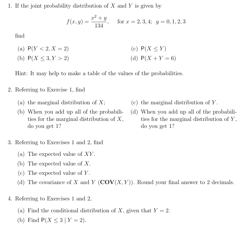 Solved 1 If The Joint Probability Distribution Of X And Chegg Com