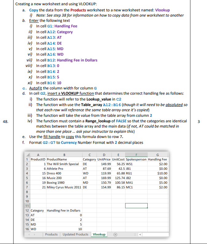 Creating a new worksheet and using VLOOKUP:
a. Copy the data from the Products worksheet to a new worksheet named: Vlookup
i)