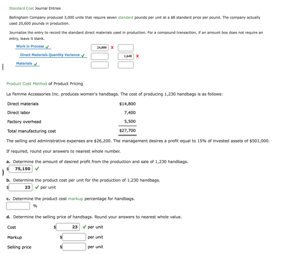 Solved Standard Cost Journal Entries Bellingham Company