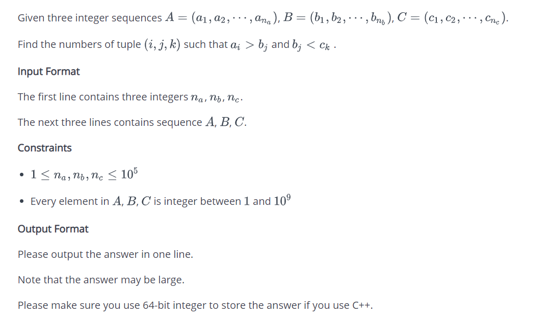 Solved Given three integer sequences A = (ai, a2, ..., Ana), | Chegg.com