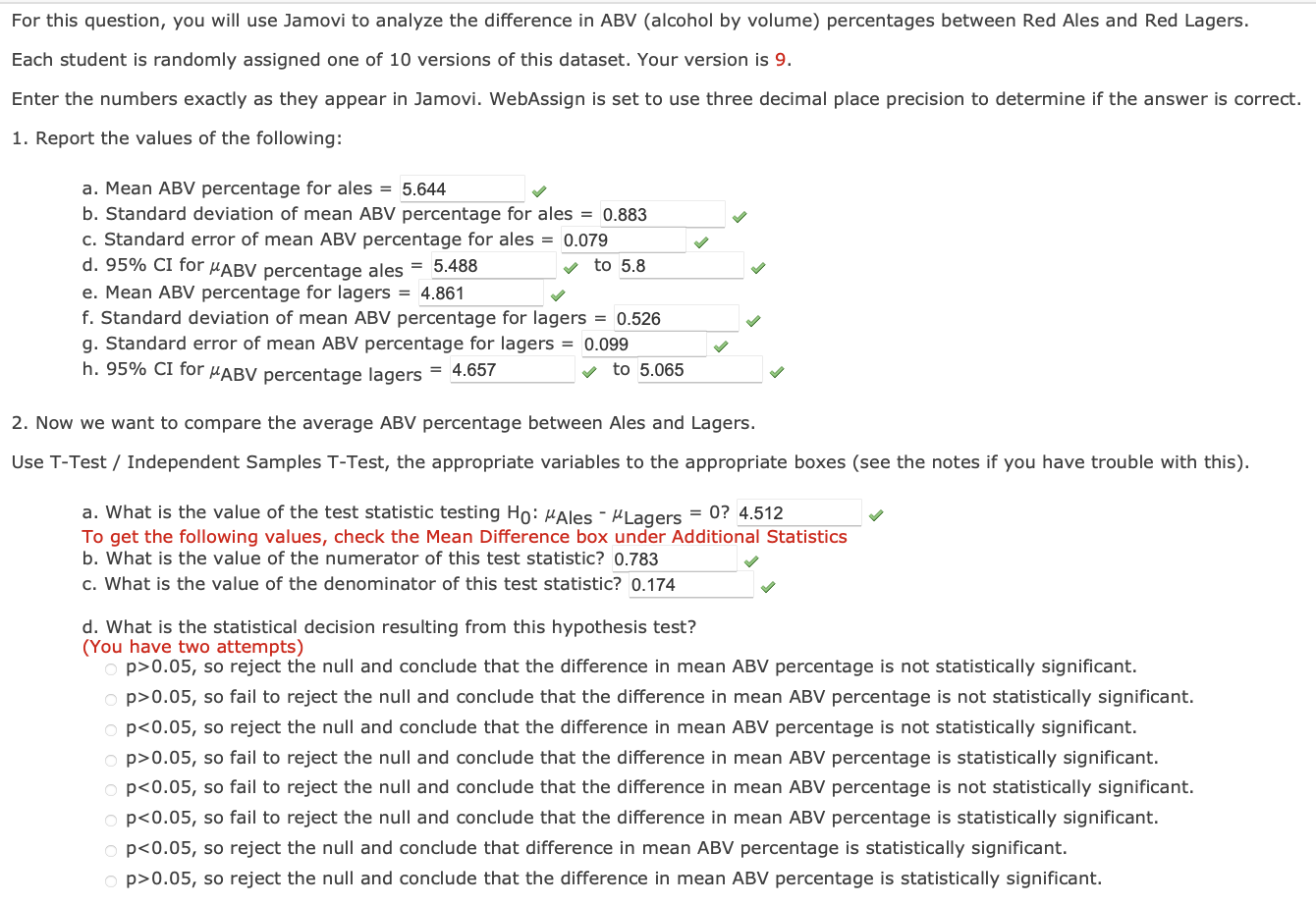 Solved a. Mean ABV percentage for ales = b. Standard