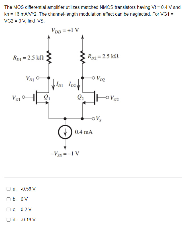 Solved The MOS differential amplifier utilizes matched NMOS