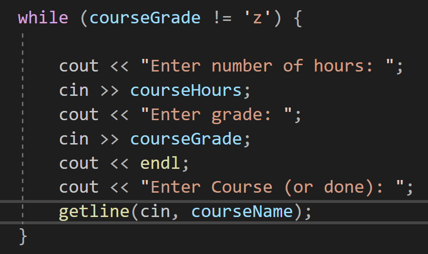 Solved while (courseGrade != 'z') { cout