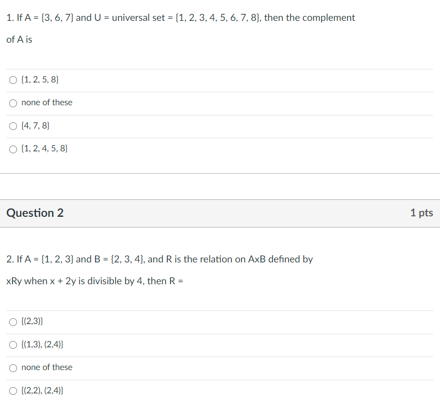 Solved 1 If A 3 6 7 And U Universal Set 1 2 Chegg Com