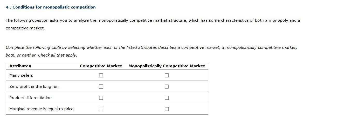 4. Conditions for monopolistic competition The | Chegg.com