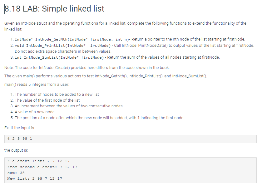 Solved Please Program In C 8.18 LAB: Simple Linked | Chegg.com