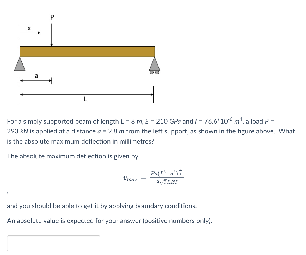Solved For a simply supported beam of length L=8 m,E=210GPa | Chegg.com
