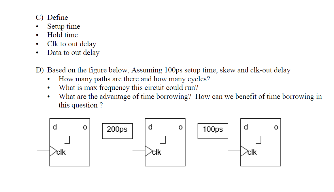 Solved C) Define Setup time Hold time Clk to out delay Data