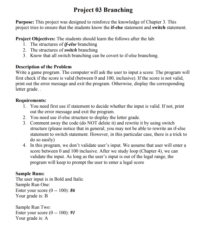 Solved Project 03 Branching Purpose: This project was | Chegg.com