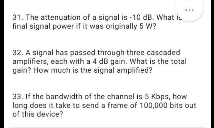 Solved 31. The attenuation of a signal is -10 dB. What is | Chegg.com