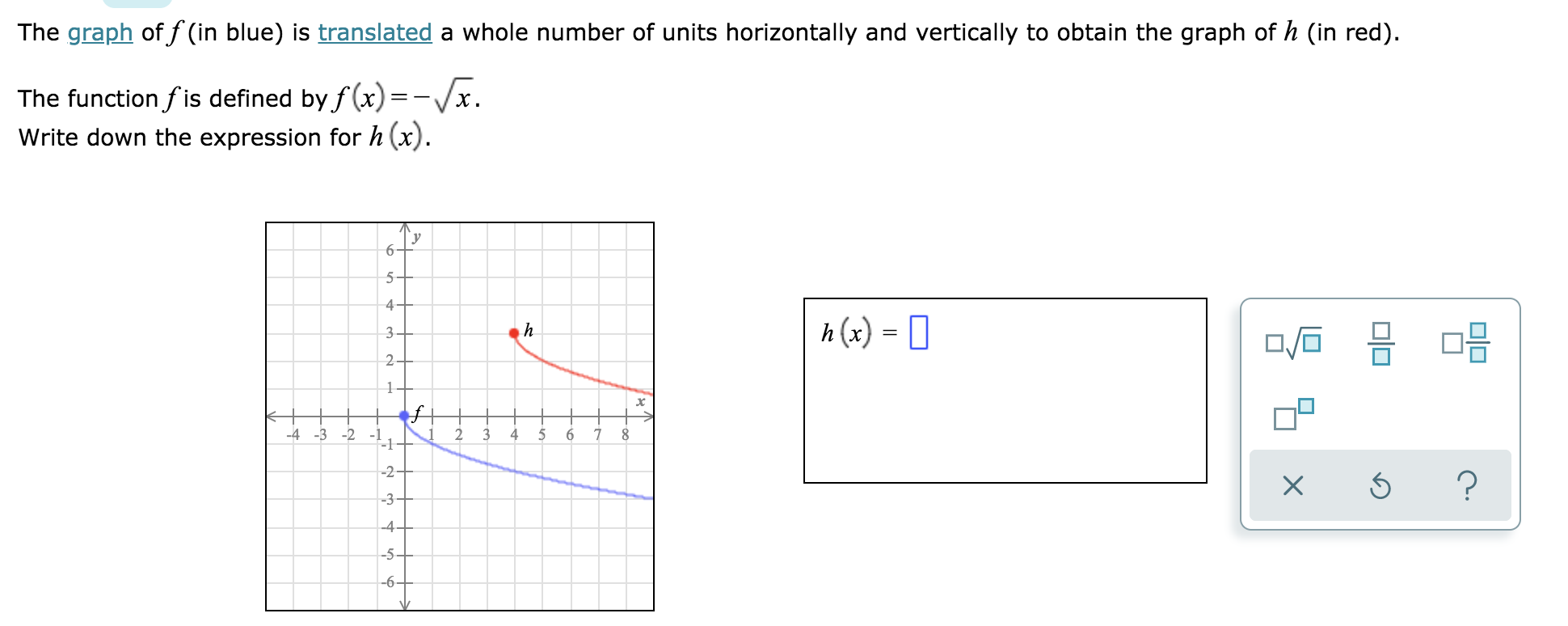 Solved The graph of f (in blue) is translated a whole number | Chegg.com