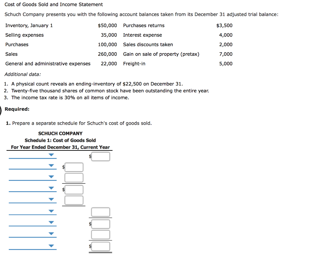 Solved Cost of Goods Sold and Income Statement Schuch | Chegg.com