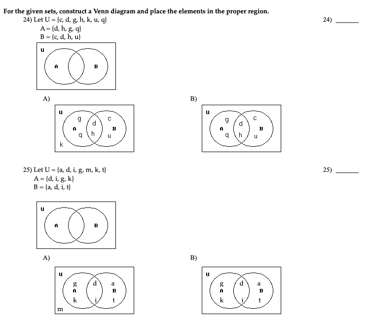Solved For The Given Sets Construct A Venn Diagram And P Chegg Com